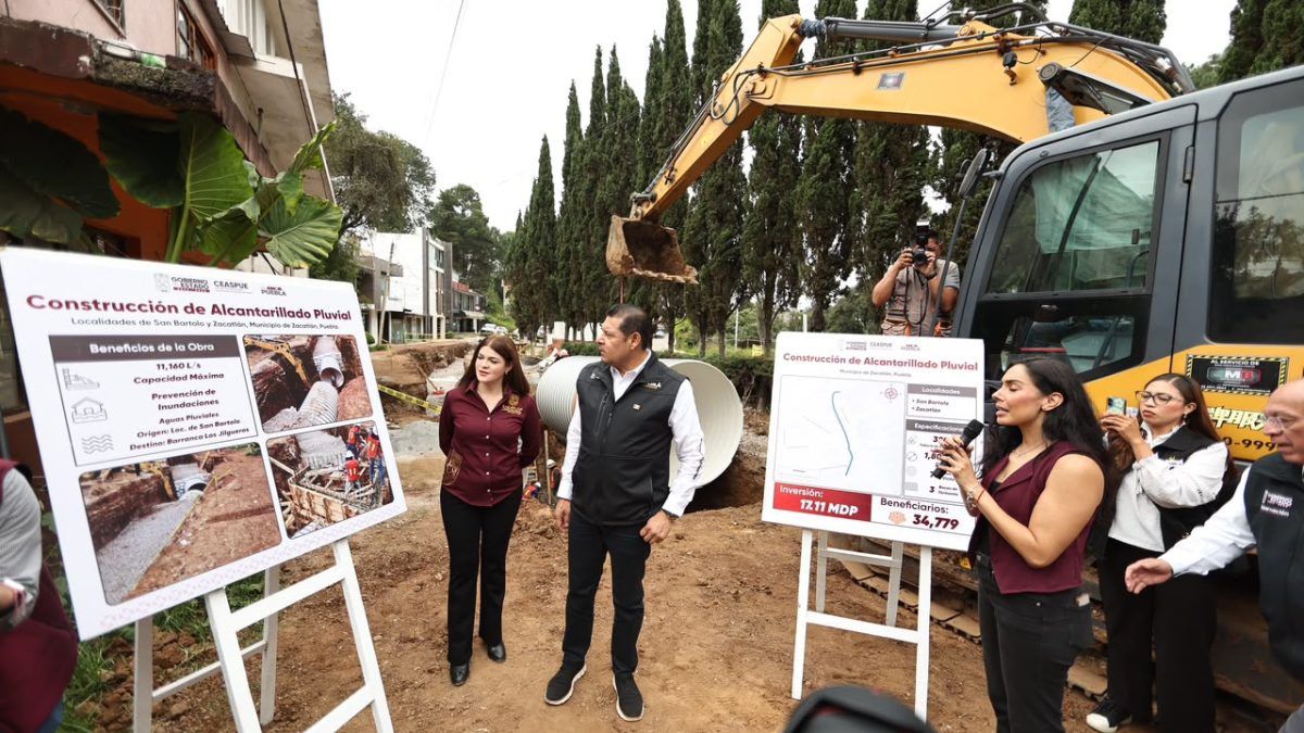 Alejandro Armenta y Bety Sánchez supervisan construcción de colector pluvial de San Bartolo